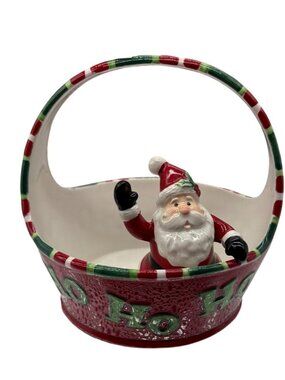 Holiday Home Fitz & Floyd 2007 Ceramic Christmas Santa Basket Ho Ho Ho Design